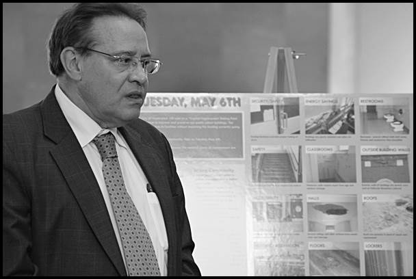 Hamtramck Public School District Superintendent Tom Niczay talks to a gathering Wednesday at the Hamtramck Senior Plaza about the upcoming school millage.