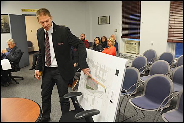 Architect Marcus Colonna talks about the townhouse proposal at a recent Zoning Board of Appeals meeting.